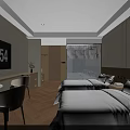 Modern Hotel Room Interior With TV Wooden Desk White Chair Green Plants And Mirror