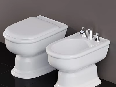 White Ceramic Toilet and Bidet with Chrome Faucets on Black Floor and Gray Wall 3d model