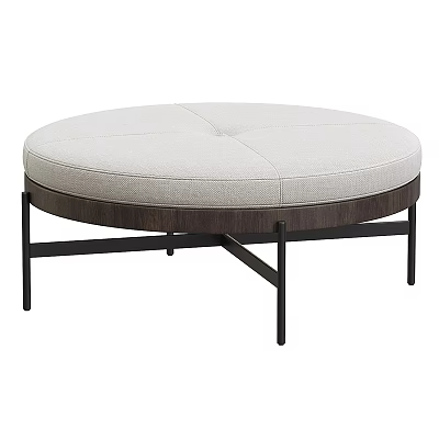 Round Upholstered Ottoman With Light Gray Fabric And Black Metal Legs 3d model
