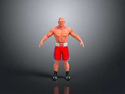 Muscular Bald Man Wearing Red Boxing Shorts White Belt And Black Shoes In Gray Background 3d model