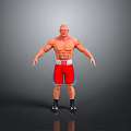 Muscular Bald Man Wearing Red Boxing Shorts White Belt And Black Shoes In Gray Background