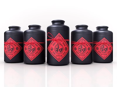 Black Ceramic Jars with Red Decorative Knots and Patterns 3d model