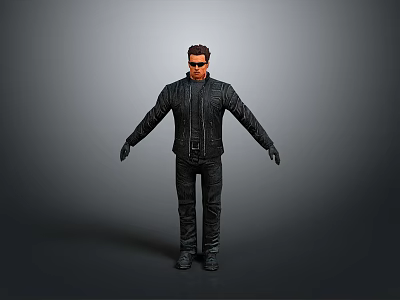 Male Figure Wearing Black Leather Jacket Pants Gloves Standing With Arms Outstretched On Gray Background 3d model