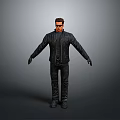 Male Figure Wearing Black Leather Jacket Pants Gloves Standing With Arms Outstretched On Gray Background
