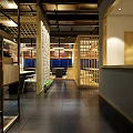Traditional Japanese Restaurant With Wooden Partitions Lantern Decorations Dining Tables Chairs Green Plants Patterned Wallpaper