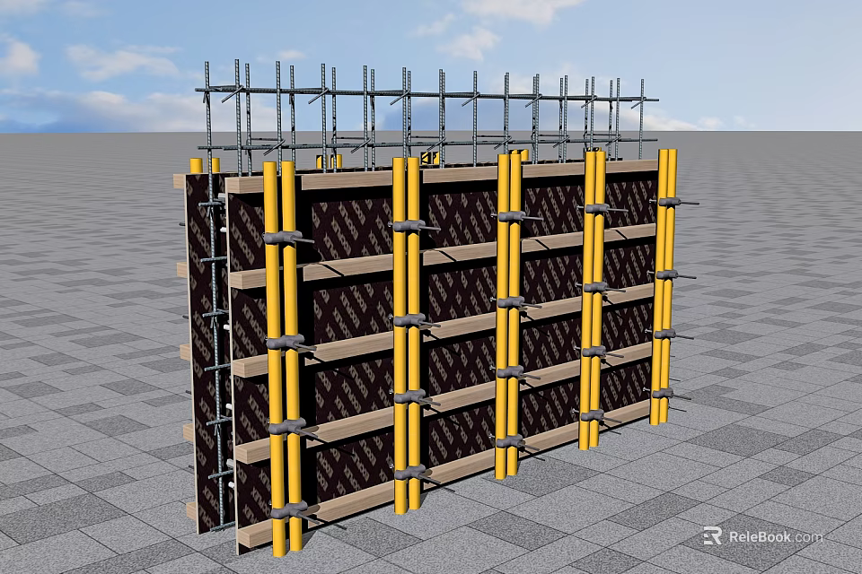 Construction Site Scaffolding Structure With Formwork Panels And Yellow Support Poles 3d model 