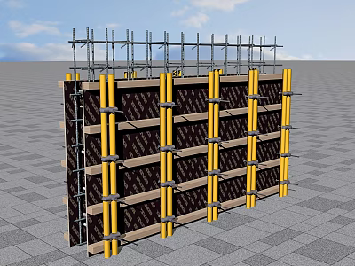 Construction Site Scaffolding Structure With Formwork Panels And Yellow Support Poles 3d model