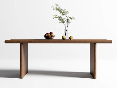 Long Wooden Dining Table with Fruit Bowl Green Plant Vase on Top in Modern Style 3d model