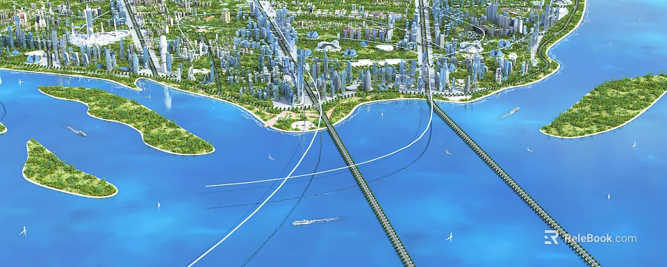 Aerial Planning of Modern City With Waterfront Bridges Skyscrapers and Green Spaces 3d model 