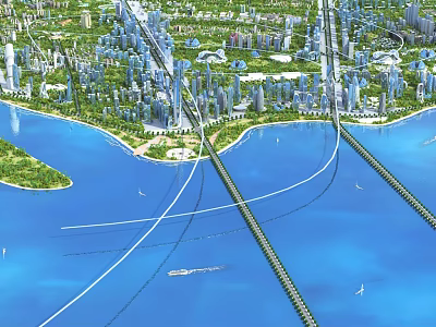 Aerial Planning of Modern City With Waterfront Bridges Skyscrapers and Green Spaces 3d model