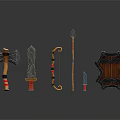 Collection of Medieval Weapons with Traditional Design Including Axe Sword Bow Arrow and Shield