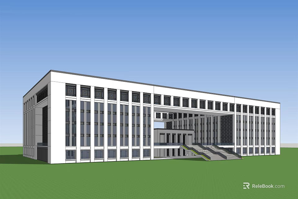 Modern White Multi Story Library Building With Large Windows And Front Steps 3d model