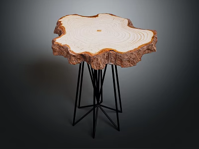 Natural Edge Wooden Dining Table With Tree Stump Slice Top And Black Metal Stand 3d model