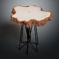 Natural Edge Wooden Dining Table With Tree Stump Slice Top And Black Metal Stand