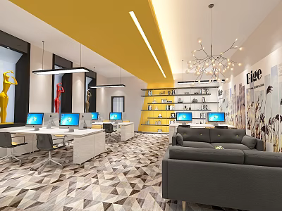 Public Office Space With Yellow Ceiling Computers Gray Sofas Pendant Lights And Geometric Floor 3d model