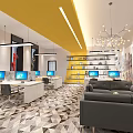Public Office Space With Yellow Ceiling Computers Gray Sofas Pendant Lights And Geometric Floor 3d model