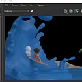 Cartoon Scene with Boy Surfing on Blue Water Splash Palm Trees Beach and White Clouds