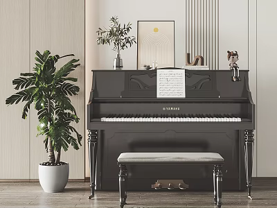 Elegant Black Piano and Decorative Paintings in Room Interior with Green Plants and Music Sheets 3d model