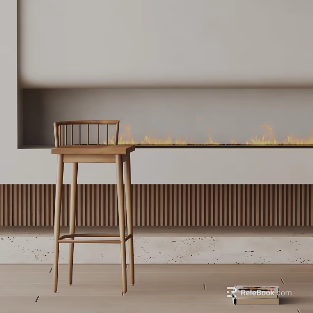 Modern Interior Design Featuring Wooden Bar Stool By Fireplace With Flames 3d model