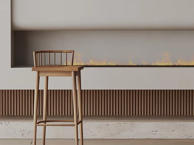 Modern Interior Design Featuring Wooden Bar Stool By Fireplace With Flames 3d model