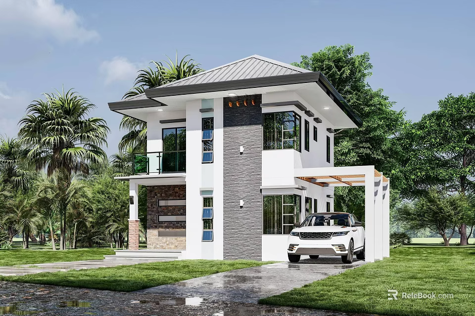 Modern Two Story Detached House With White Gray Exterior Palm Trees And Lawn 3d model 