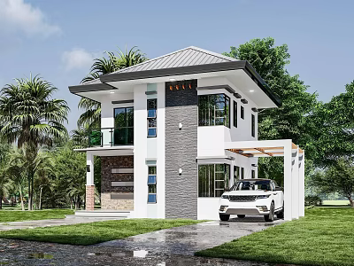 Modern Two Story Detached House With White Gray Exterior Palm Trees And Lawn 3d model