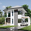 Modern Two Story Detached House With White Gray Exterior Palm Trees And Lawn