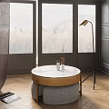 Elegant Round Coffee Table with Wooden Top Metal Base and Upholstered Stools in Bright Room
