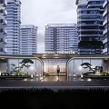 Modern Luxurious Entrance Gate With High Rise Building Water Fountain Green Plants And Car