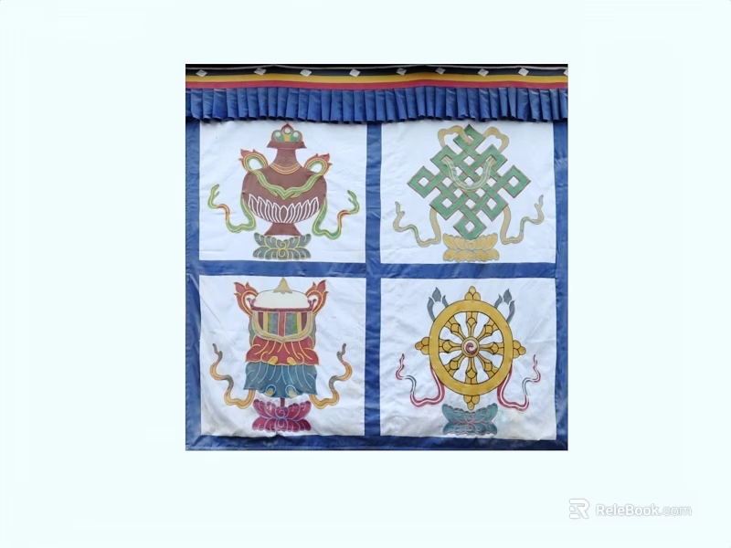Traditional Wall Decor With Four Square Panels Featuring Colorful Auspicious Patterns And Blue Border 3d model