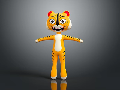 Cartoon Tiger Character With Striped Body Open Arms Yellow Fur Red Ears White Belly 3d model