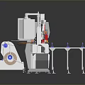 Industrial Automated Production Machine With Mechanical Arms Conveyor System And Control Panel