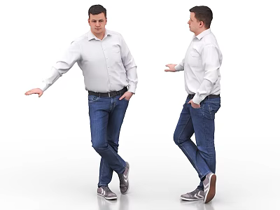 Man In White Shirt And Blue Jeans Standing In Different Poses With Casual Style 3d model