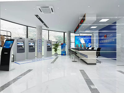 Modern China Telecom Service Hall Interior With Self service Terminals Service Counter And Large Screen 3d model