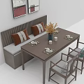 Minimalist Dining Table Set With Bench Chairs Cushions Vase And Tableware 3d model
