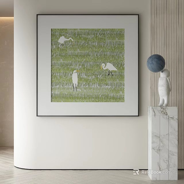 Abstract Painting Green Background White Birds Grass Texture Hanging On Wall With Marble Pedestal Decor 3d model 