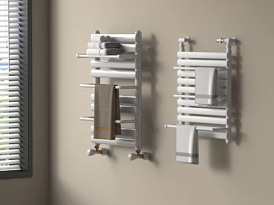 Soft Absorbent Towels On Modern Wall Mounted Racks With Gray Brown Tones In Bathroom 3d model
