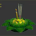 Decorative Green Lotus Shaped Plant With Yellow Center And Burning Candles Incense Sticks