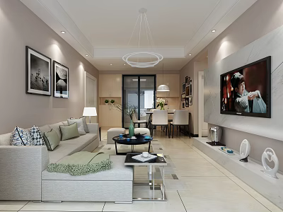Modern Living Dining Room Interior Design With Sofa TV Wall And Dining Table Chairs 3d model