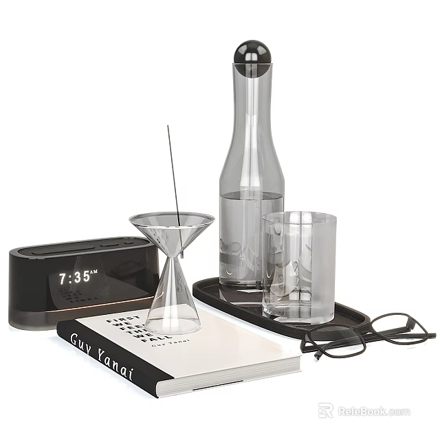 Stylish Daily Essentials With Clock Hourglass Glass Tray And Book 3d model 