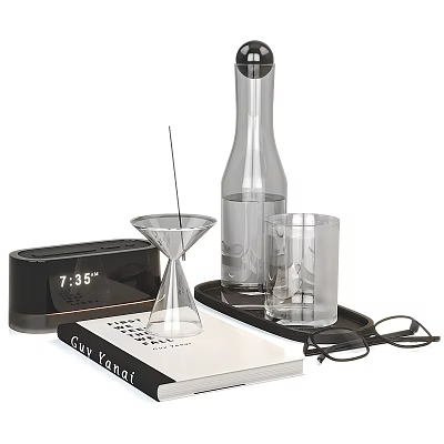 Stylish Daily Essentials With Clock Hourglass Glass Tray And Book 3d model