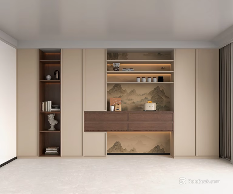 Modern Elegant Sideboard With Storage Shelves Drawers And Mountain Painting Decor 3d model 