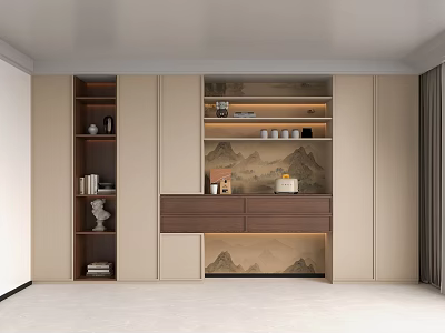 Modern Elegant Sideboard With Storage Shelves Drawers And Mountain Painting Decor 3d model