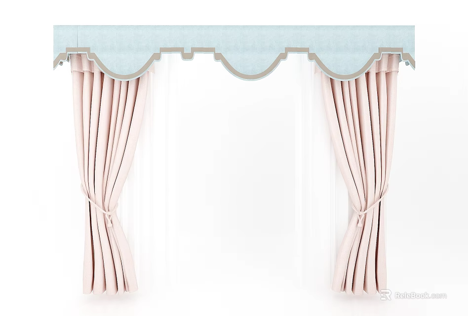 Elegant Pink Curtains with Light Blue Valance Sheer Panels and Tiebacks 3d model 