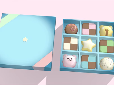 Colorful Dessert Box With Open Lid Showing Star Bear And Square Shaped Sweets 3d model