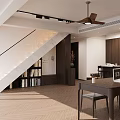 Duplex Living Room with Brown Bookshelves Books Decorations Table Chairs Ceiling Fan and Wooden Floor