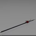 3D Spear Model with Metal Spearhead Red Decoration Black Silver Shaft and Light Blue Background
