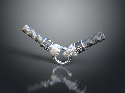 Intricate Silver Metal Sculpture with Braided Cylindrical Parts and Animal Head Ring 3d model
