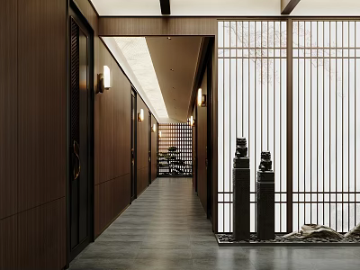 Modern Hotel Corridor With Dark Wooden Walls Wall Lamps And Lattice Screen 3d model