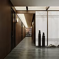 Modern Hotel Corridor With Dark Wooden Walls Wall Lamps And Lattice Screen
